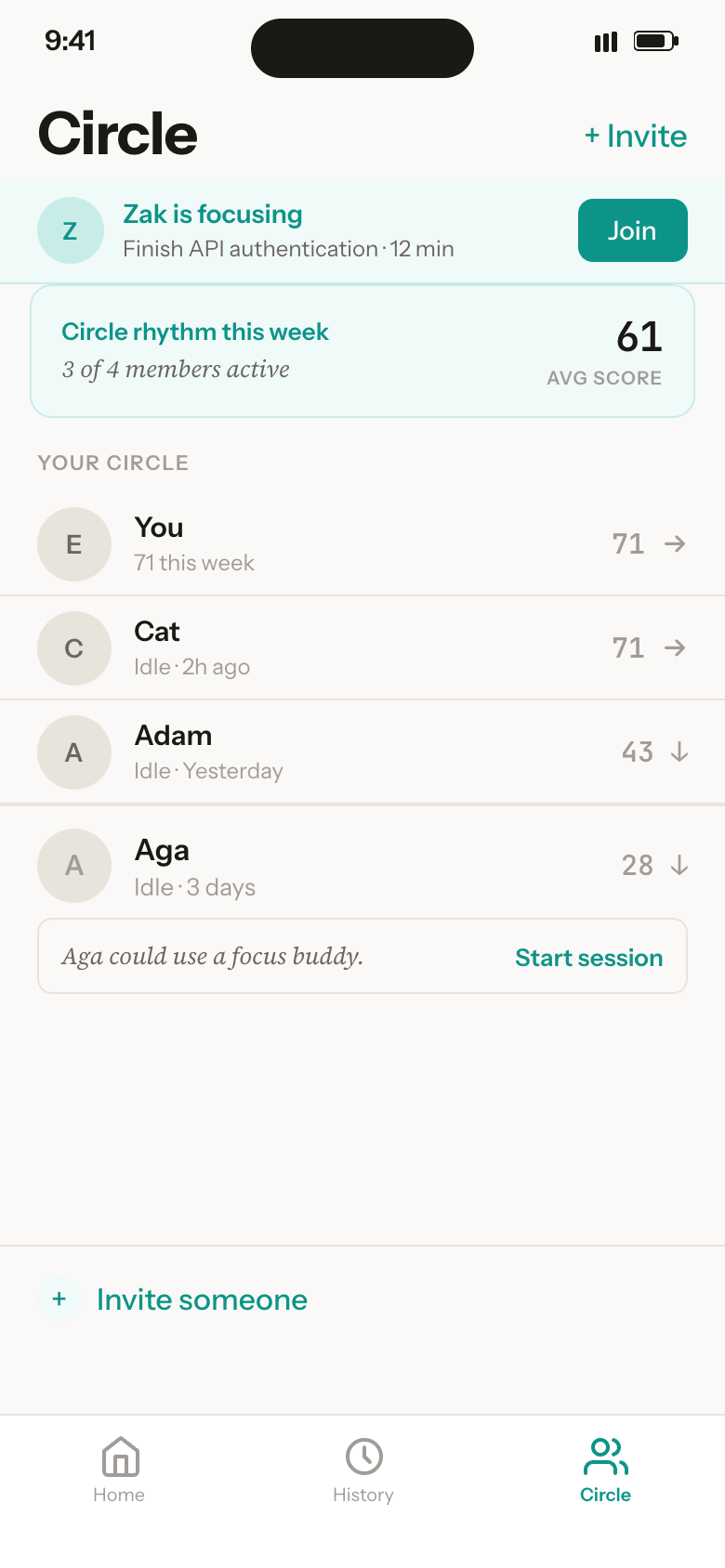 The Accountably circle screen on iPhone, showing four members and their current focus state.