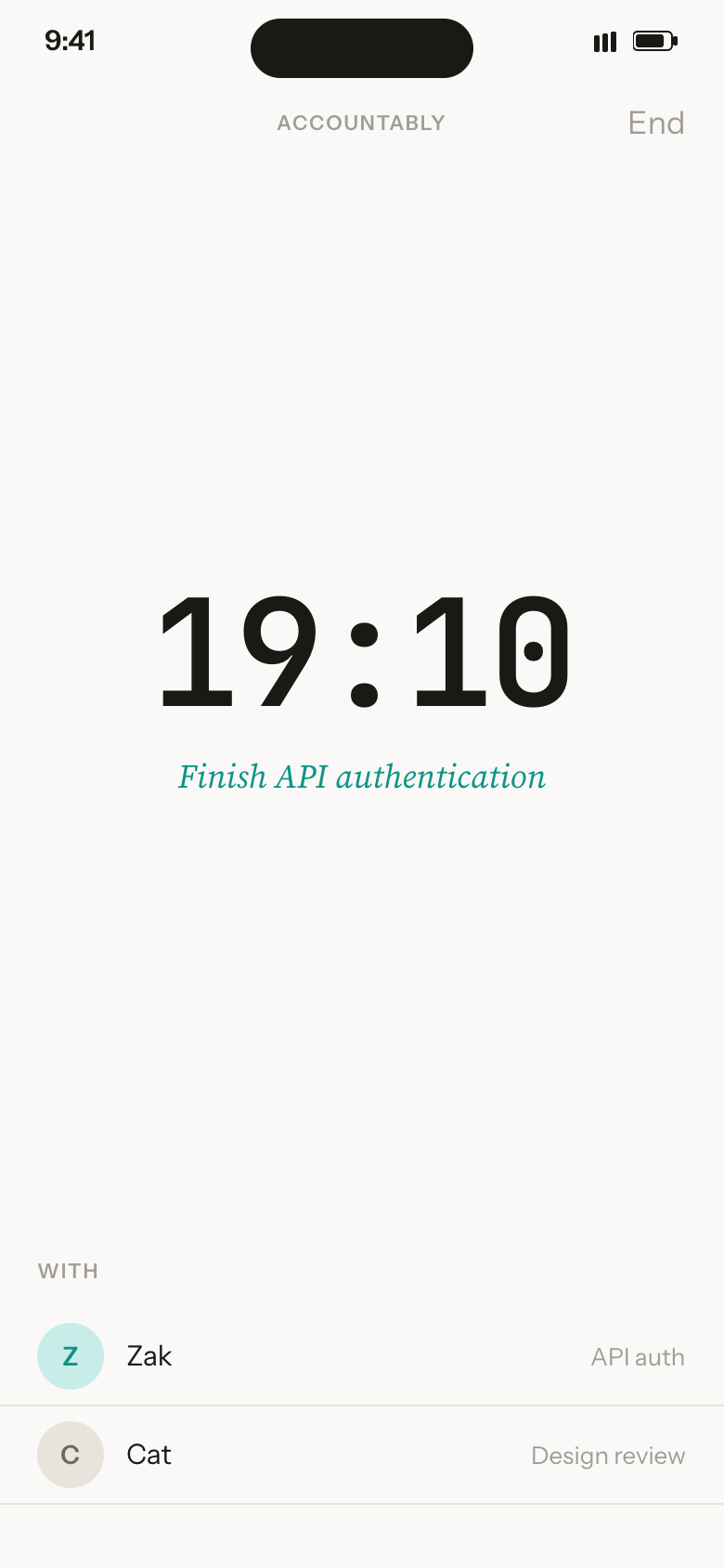 An Accountably focus session in progress on iPhone, showing a 19:10 timer and the current task.