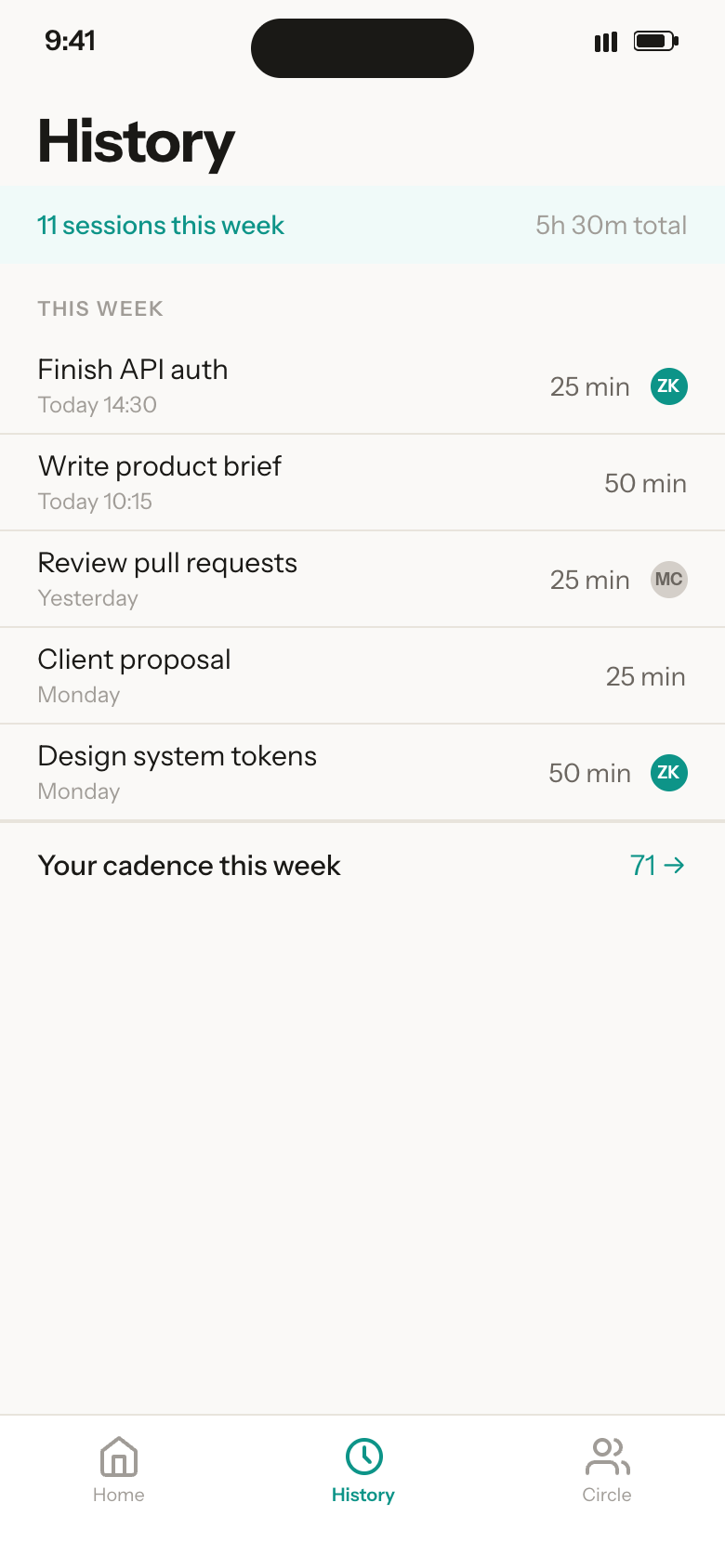 The Accountably history screen on iPhone, showing a week of completed focus sessions.